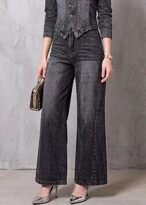 V Neck Top and Pants Denim Two Pieces Set Spring