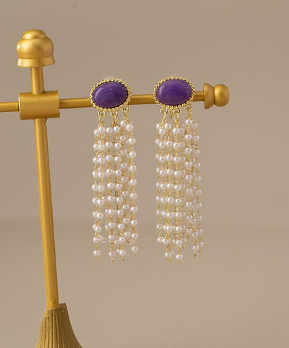 Purple Alloy Pearl Resin Tassel Drop Earrings