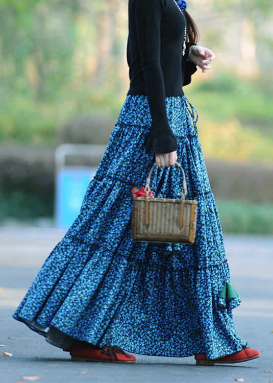 Blue Wrinkled Print Patchwork Corduroy Skirts Spring