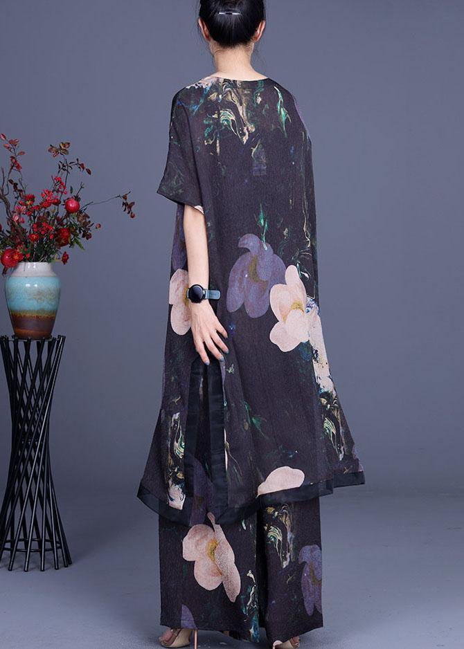 Diy Black Print Silk Side Open Wide Leg Two Pieces Set