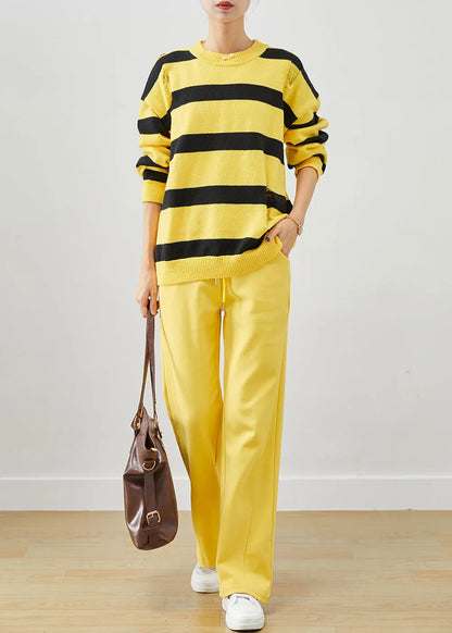 Yellow Oversized Striped Knit Ripped Two Pieces Set Fall