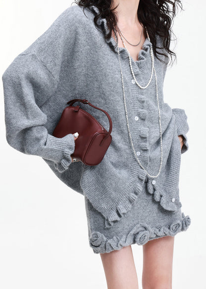 Grey Ruffled Flower Decorated Knit Cardigan and Skirt 2 Piece Outfit Winter