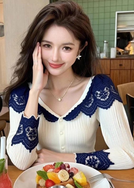 White V Neck Lace Patchwork Knit Tops Spring