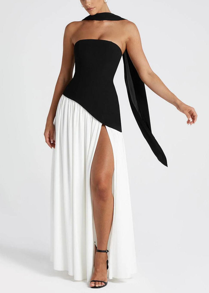 Black White Patchwork Side Open Chiffon Party Dresses