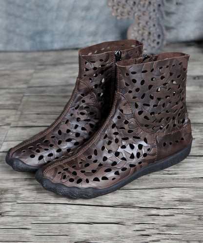 Coffee Hollow Out Zippered Splicing Cowhide Leather Boots