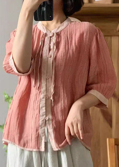Loose White O-neck Button Linen Shirt Bracelet Sleeve