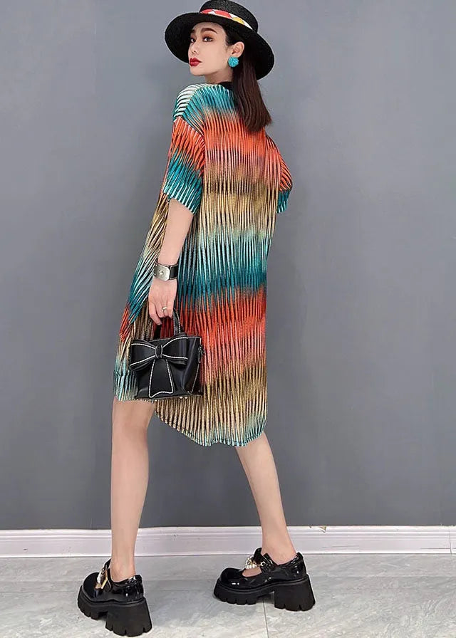 Red Striped Print Cotton Sets Two Pieces Low High Design Summer
