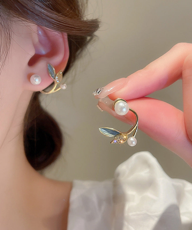 Gold Copper Overgild Zircon Pearl Leaf Hoop Earrings