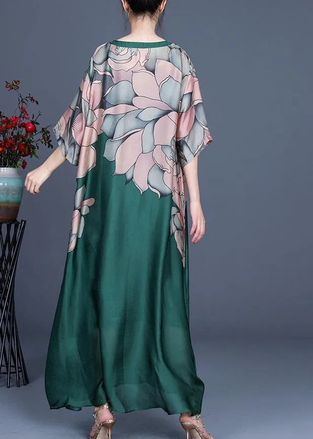 French Green Print Three Quarter Sleeve Silk Summer Dress Two Pieces Set