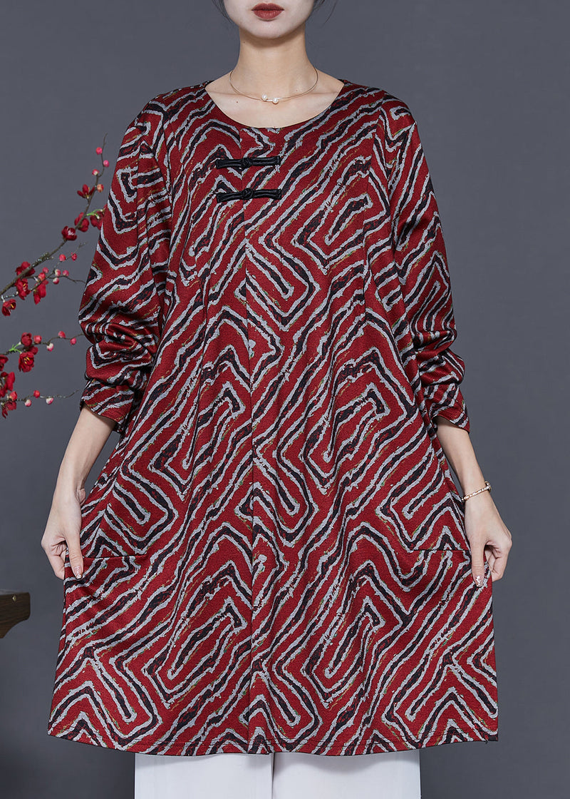 Mulberry Print Chinese Button Cotton Mid Dress Spring