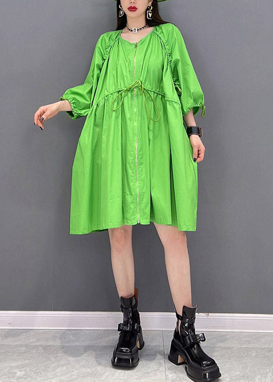 Loose Green O-neck Ruffled Drawstring Zippered Trench Coats Three Quarter Sleeve