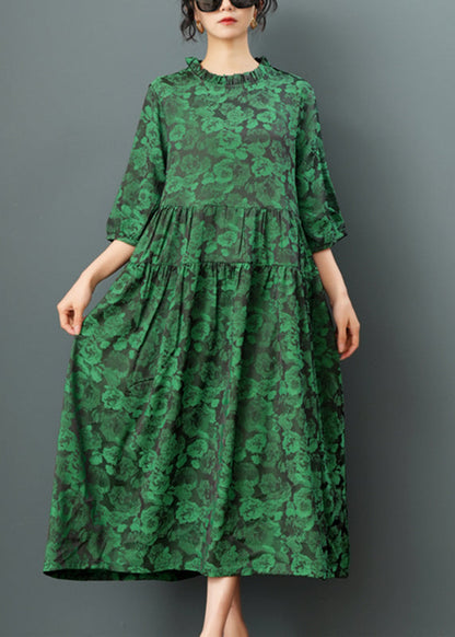 Green O-neck Print Drawstring Maxi Dress Half Sleeve