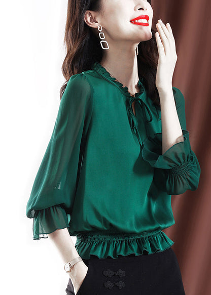Green Ruffled Elastic Waist Chiffon Top Long Sleeve