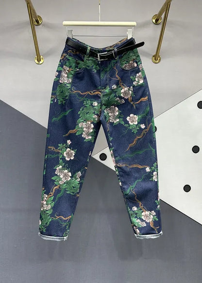 Navy Pockets Patchwork Denim Pants Fall
