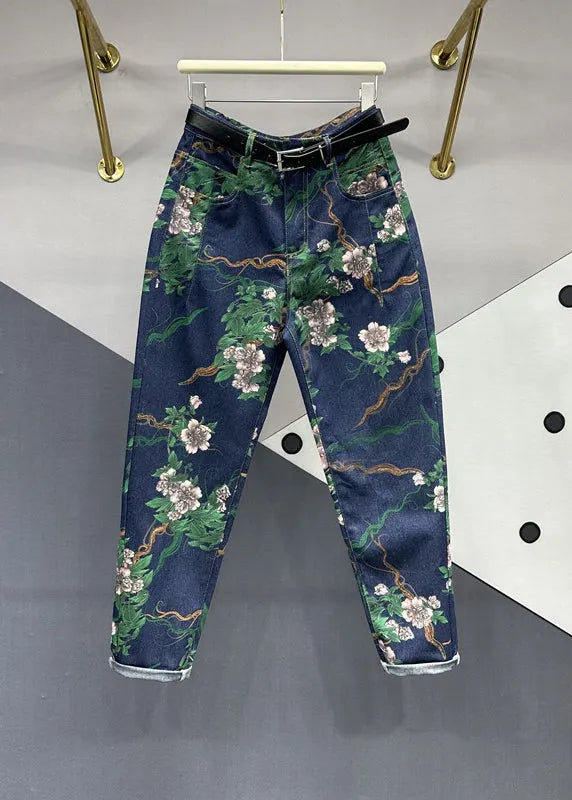Navy Pockets Patchwork Denim Pants Fall
