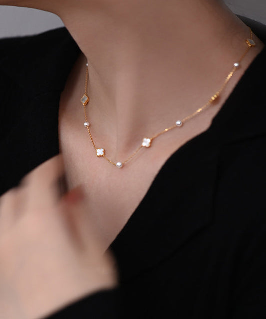 Four Leaf Clover Pearl Starlight Adjustable Gold Plated Choker
