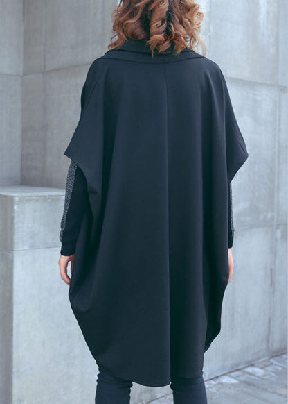 Loose Black Bat Wing Sleeve Pockets Asymmetrical Design Fall Tops