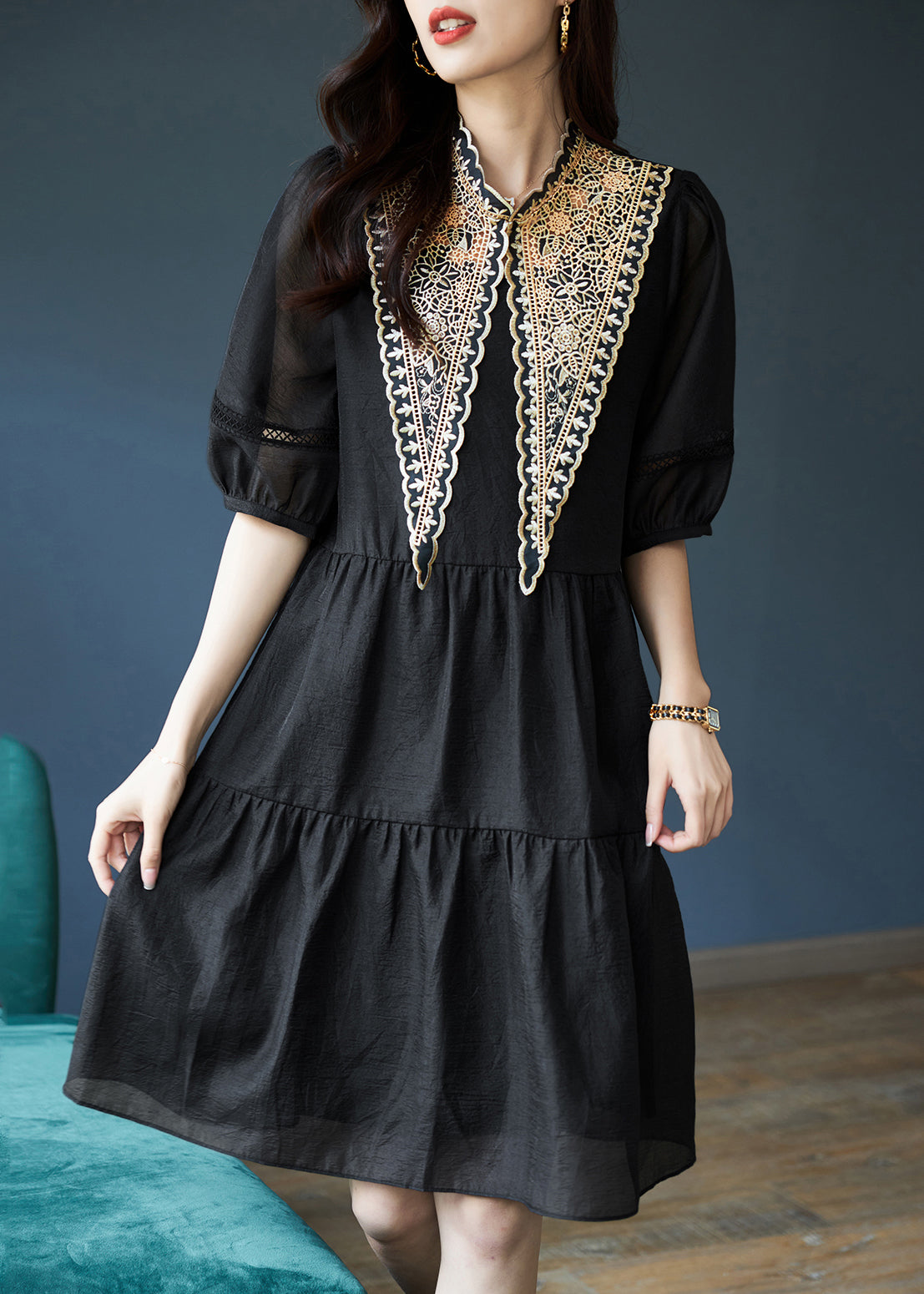 Black Patchwork Cotton Mid Dress Puff Sleeve