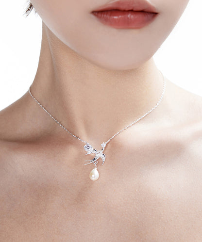Water Zircon Droplet Pearl Little Bird Silver Choker