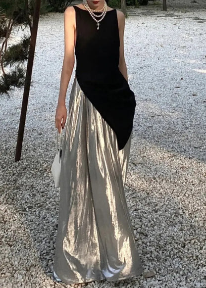 Black Asymmetrical Tops and Silver Pants Cotton Two Pieces Set Sleeveless