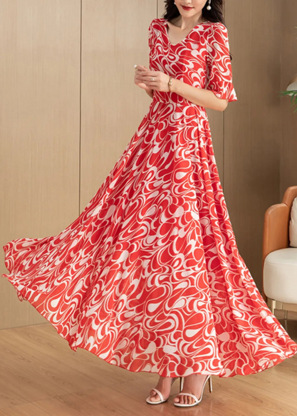 Red V Neck Print Chiffon Long Dress Summer