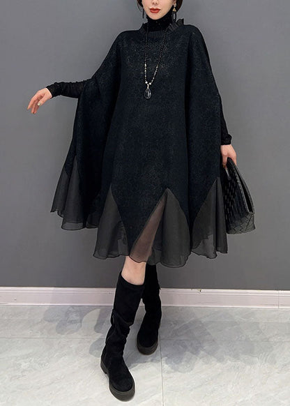 Black Ruffled Patchwork Organza Dress Batwing Sleeve
