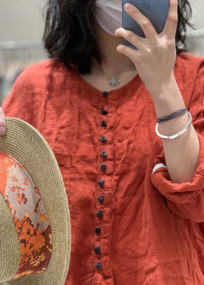 Orange Button Pockets Cotton Top Spring