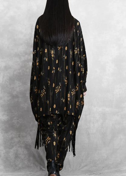 Black Print Mink Velvet Coat and Wide Leg Pants Two Pieces Set Fall