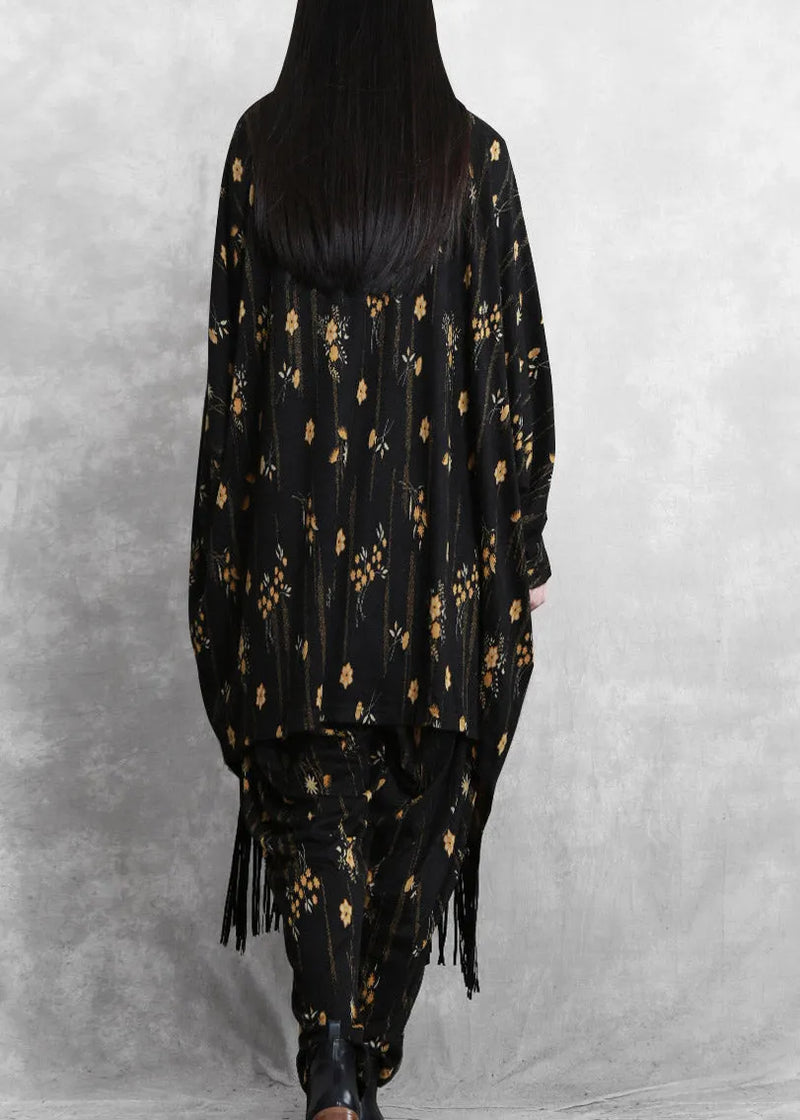 Black Print Mink Velvet Coat and Wide Leg Pants Two Pieces Set Fall