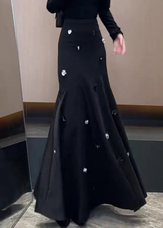 French Black Sequins High Waist Cotton Skirt Spring