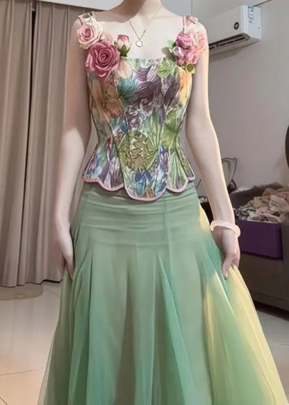 Green Tops and Skirts Tulle Two Pieces Set Summer