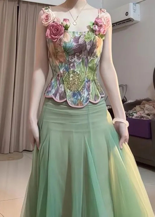 Green Tops and Skirts Tulle Two Pieces Set Summer