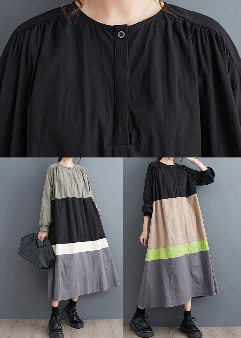 Black O Neck Patchwork Cotton Long Dress Fall