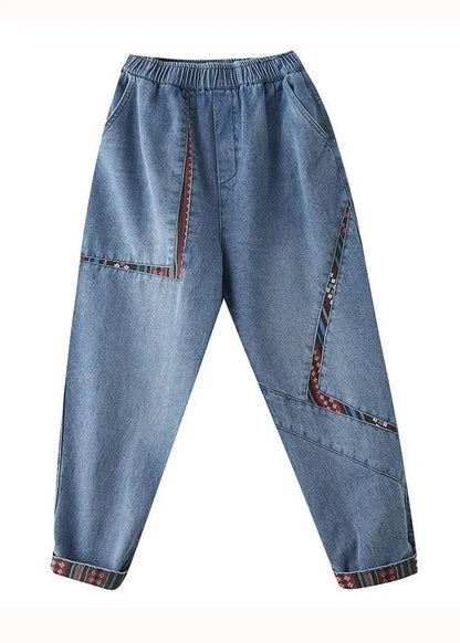 Blue Pockets Patchwork Denim Harem Pants Summer