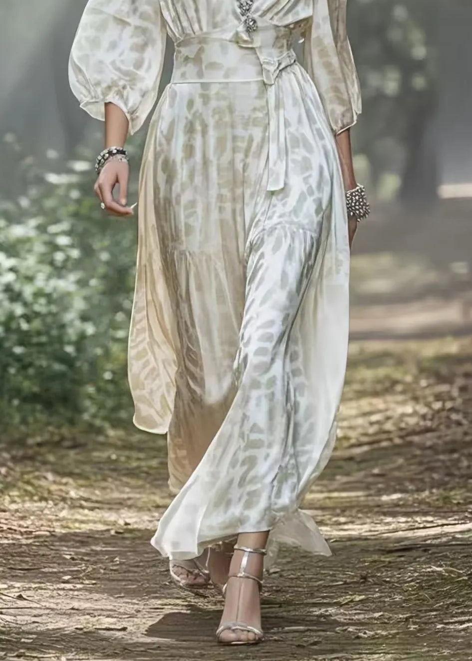 White V Neck Draping Silk Holiday Dress Lantern Sleeve