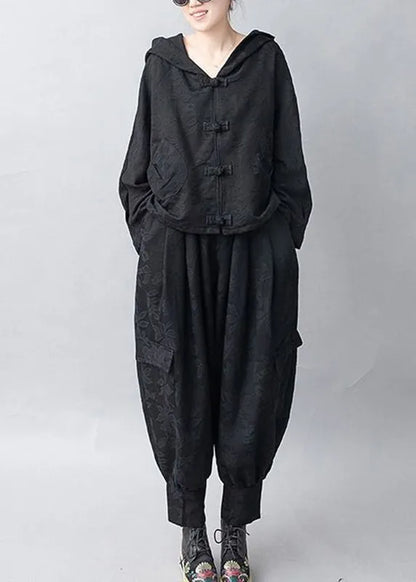 Jacquard Black Hooded Coats and Pants Two Pieces Set Fall