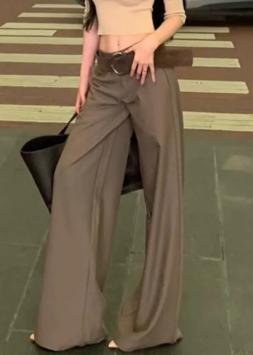 Modern Grey Pockets High Waist Spandex Wide Leg Pants Fall