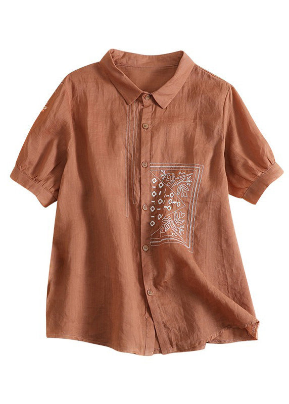 Orange Peter Pan Collar Print Button Linen Shirts Short Sleeve