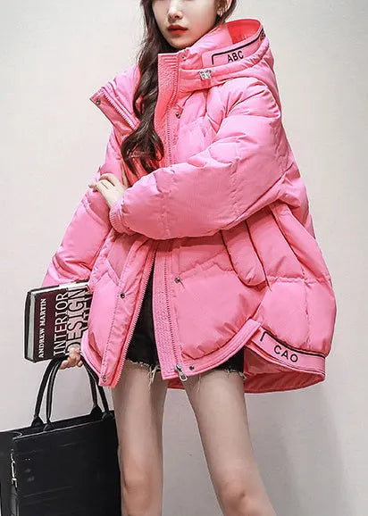 Pink Hooded Pockets Drawstring Duck Down Coats Winter