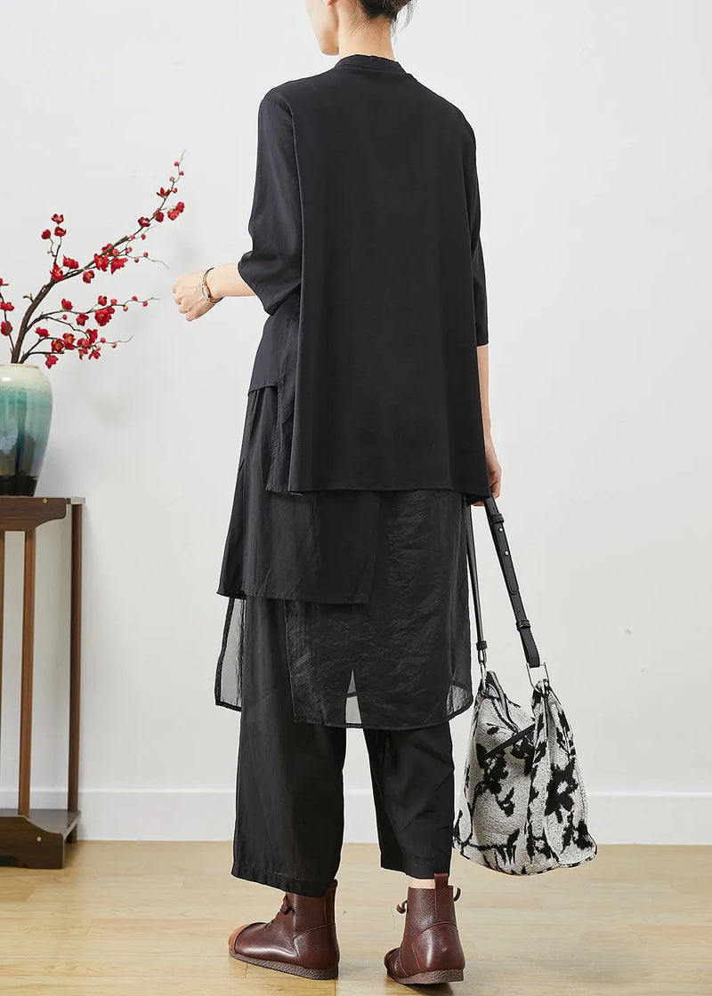 Style Black Asymmetrical Patchwork Linen Silk Two Pieces Set Spring