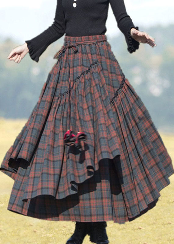 Blue Red Plaid Patchwork Wrinkled Tie Waist Maxi Skirts