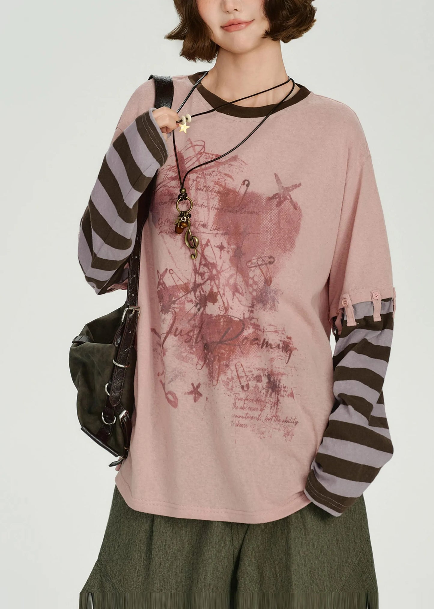 Diy Pink Oversized Patchwork Cotton Fake Two Piece Pullover Spring