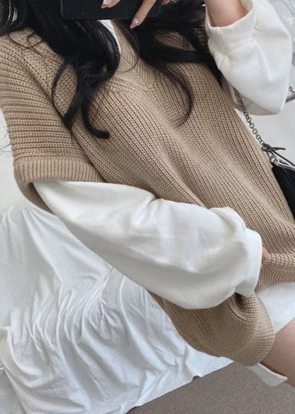 Khaki V Neck Oversized Knit Two Piece Set Outfits Spring