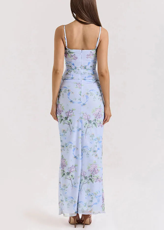 Novelty Blue Print Side Open Tulle Spaghetti Strap Dress Sleeveless