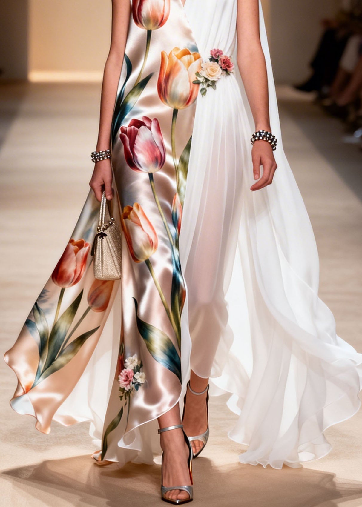 Natural V Neck Print Patchwork Chiffon Dresses Sleeveless