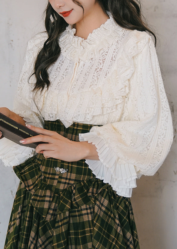Apricot Ruffled Lace Shirt Lantern Sleeve Fall