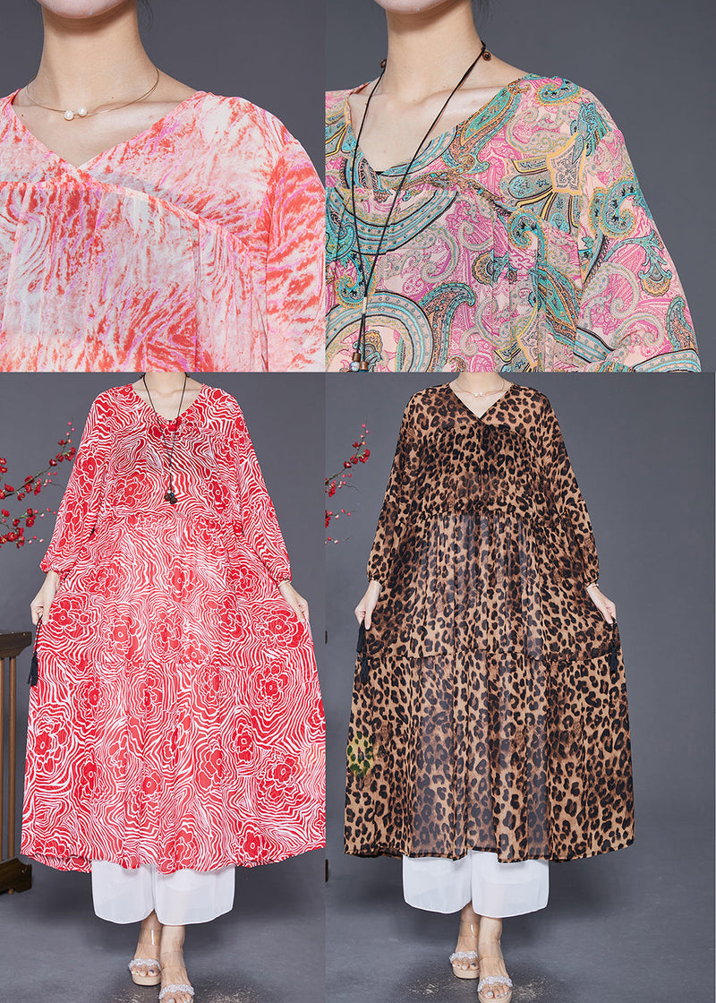 Pink Cinched Print Chiffon Vacation Dresses Fall
