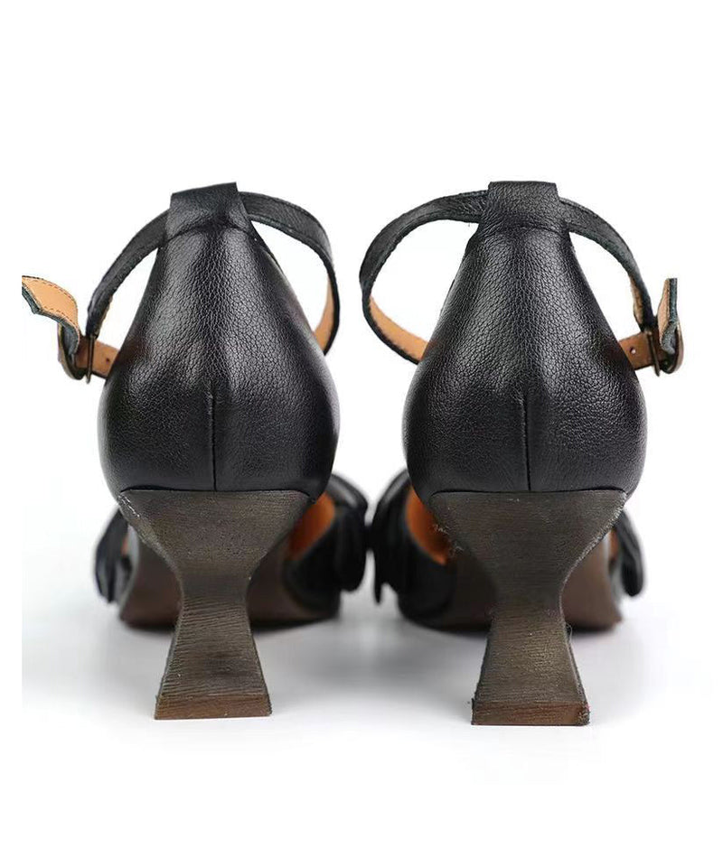 Boutique Black High Heel Cowhide Leather Sandals Buckle Strap