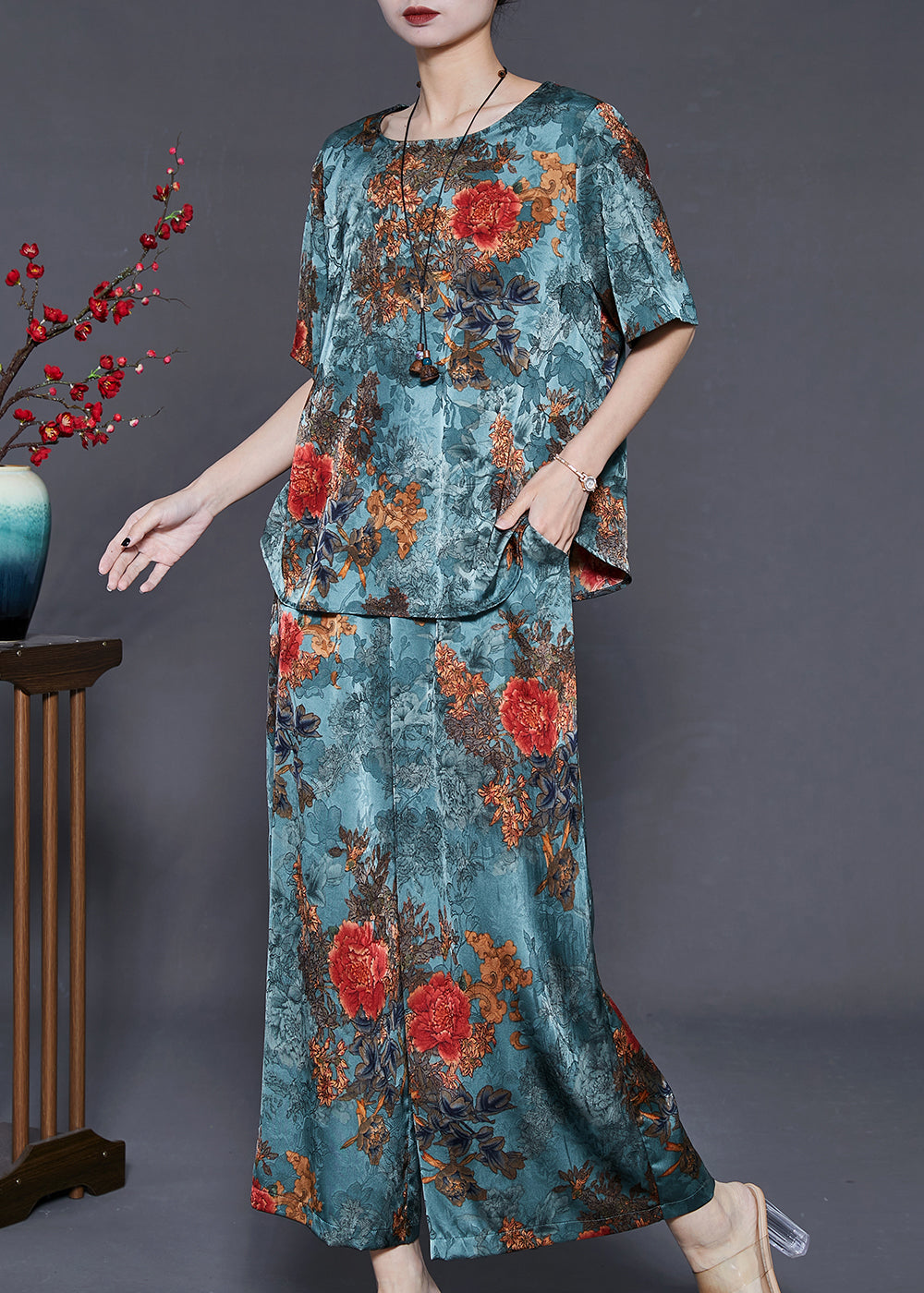 Diy Sea Blue Oversized Print Silk Two Pieces Set Summer