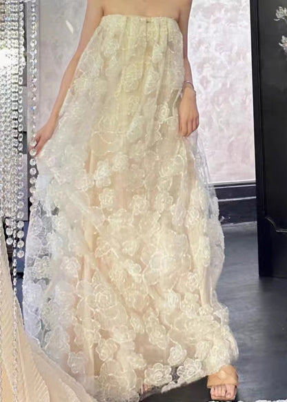 Original Design White Off the Shoulder Flower Tulle Long Dress